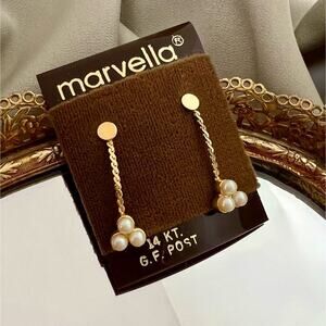 Vintage 50s NEW Marvella Dainty Pearl Drop 14KT Gold Filled Post Dangle Earrings